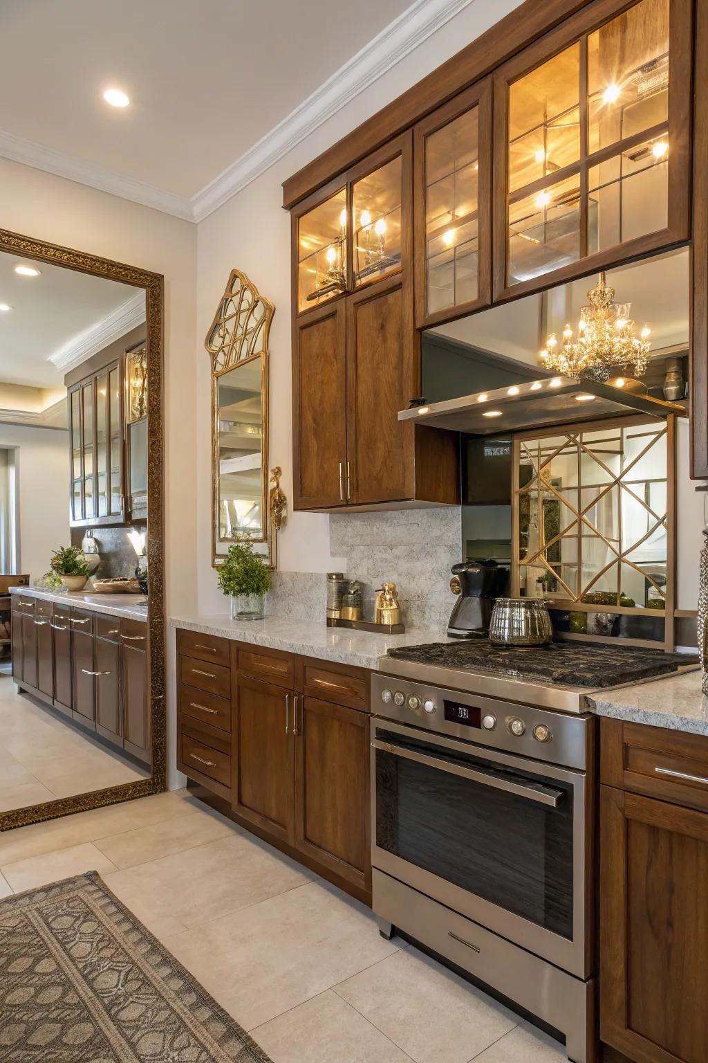 A fusion of mirrors with wood and metal for an inviting, textured kitchen.