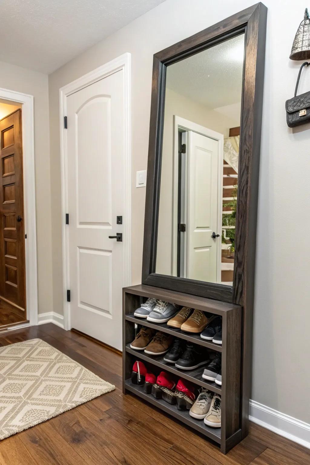 A handy entrance area solution with a full-body reflector plus a shoe organizer.