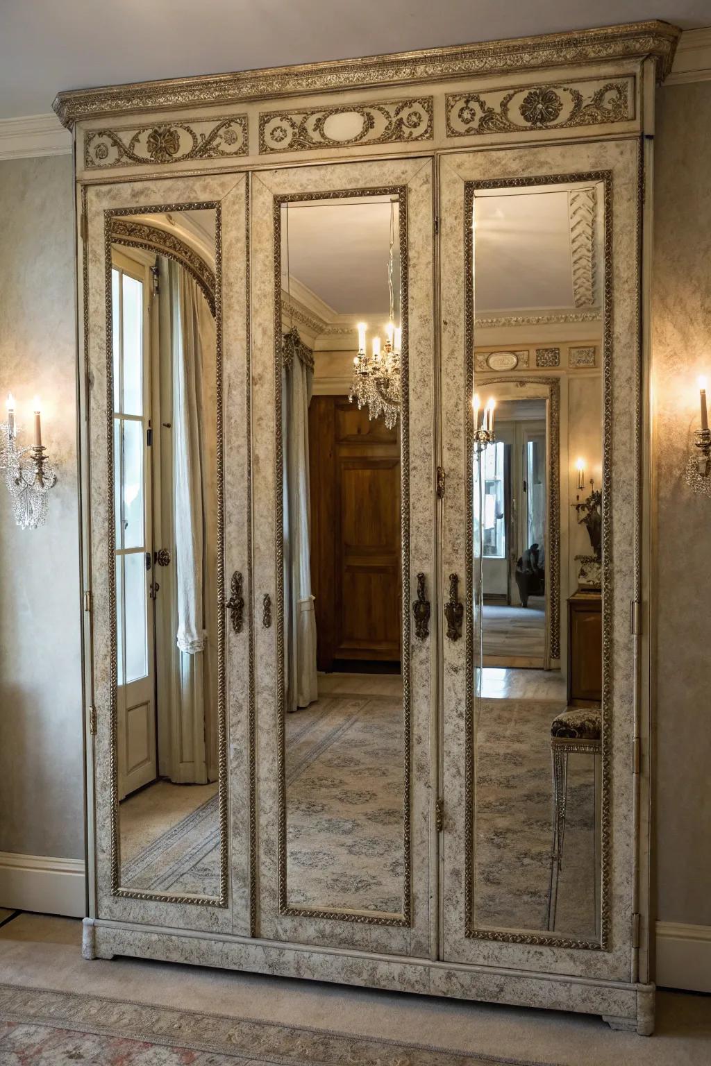 Introduce personality with antiqued mirrored doors.