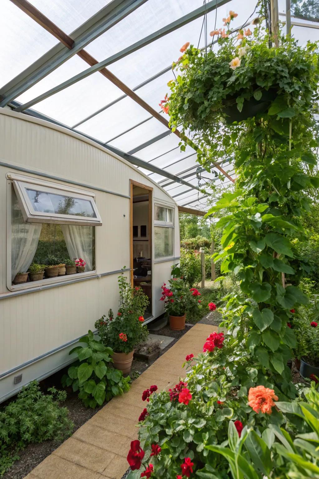 A greenhouse extension filled with various plants, offering a lush, green retreat connected to the mobile home.
