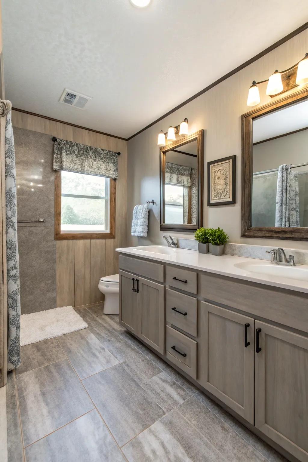 Subtle shades create a calming and open ambiance in this master bathroom.