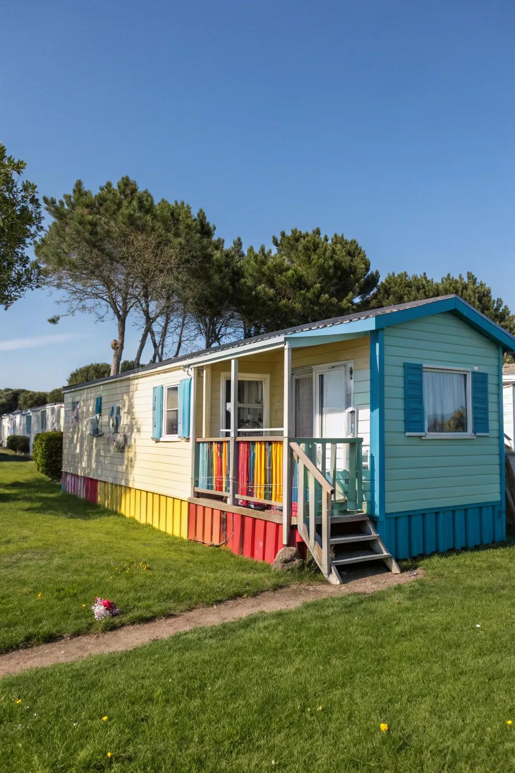 The painted lumber skirting delivers personality and vibrancy to the mobile home.