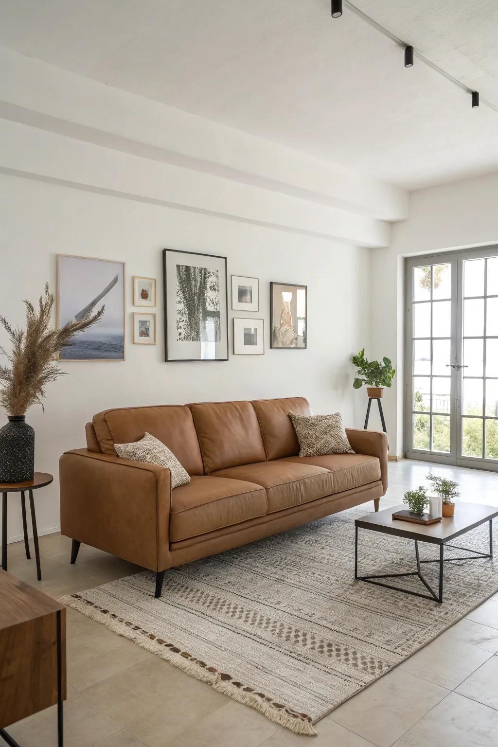 Minimalistic decor accentuates the chocolate sofa for an ultramodern sensation.