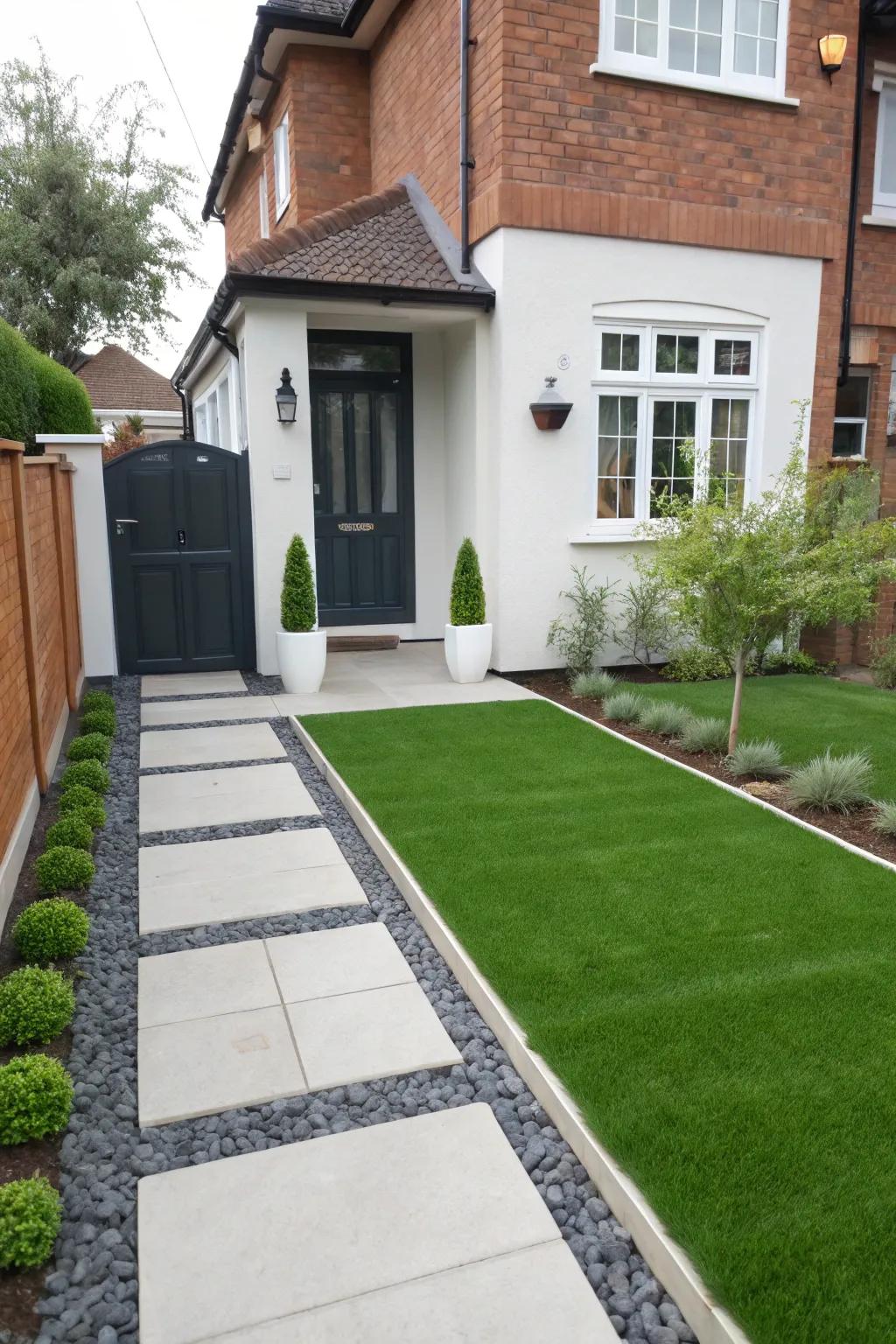 A sleek, minimalist front yard featuring artificial turf.