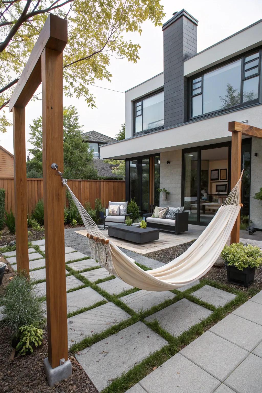 A peaceful hammock hideaway in a modern, grass-free backyard.