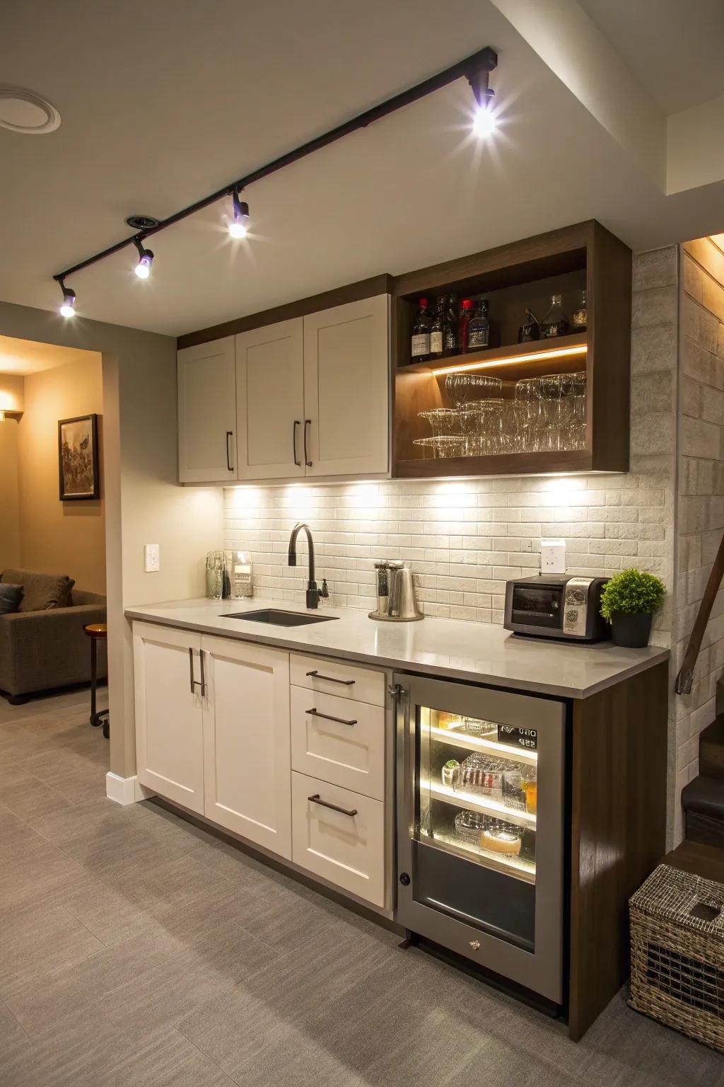 Under-cabinet lighting in the kitchenette enhances both style and functionality.