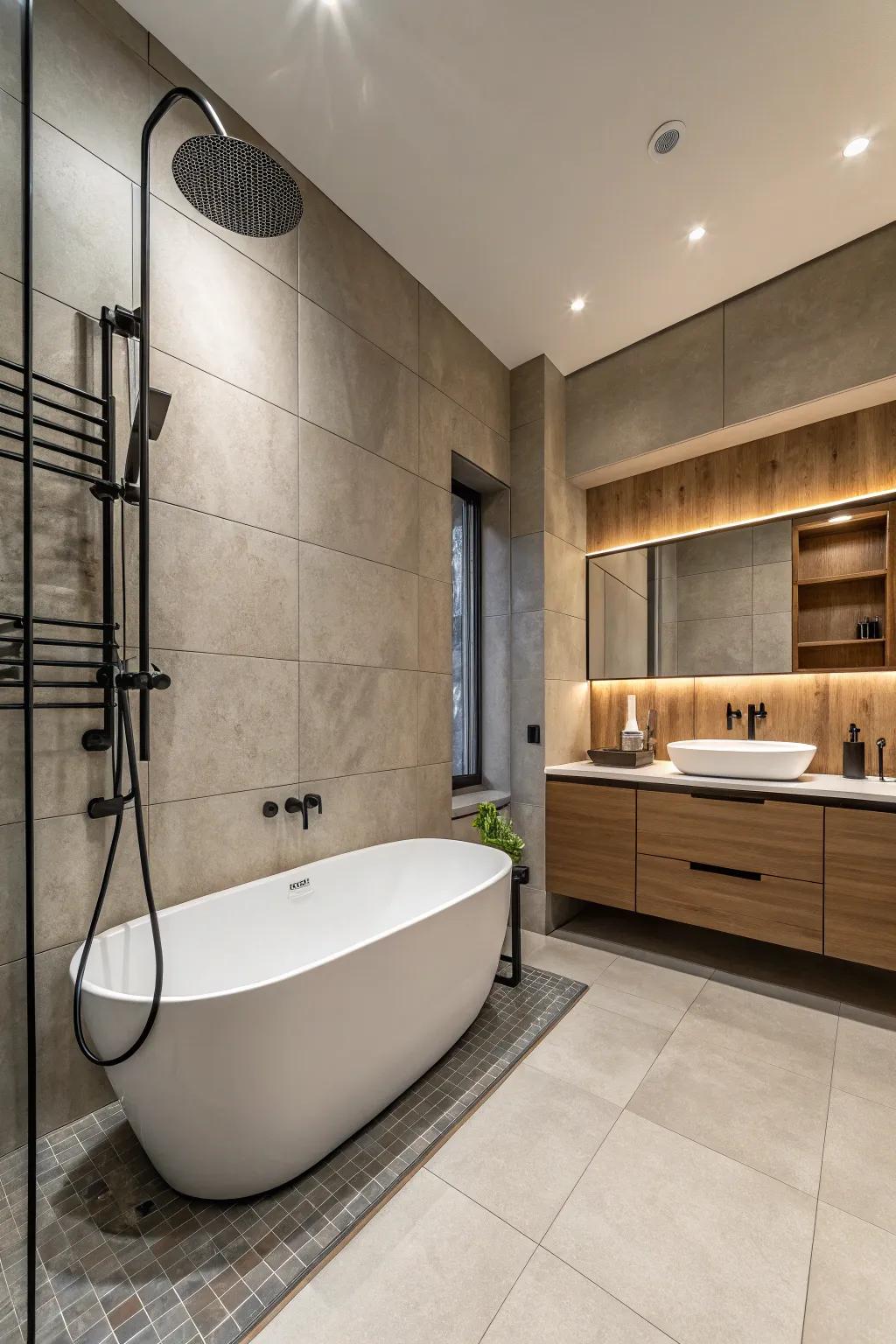 Up-to-date fixtures with matte hues add a modern twist.