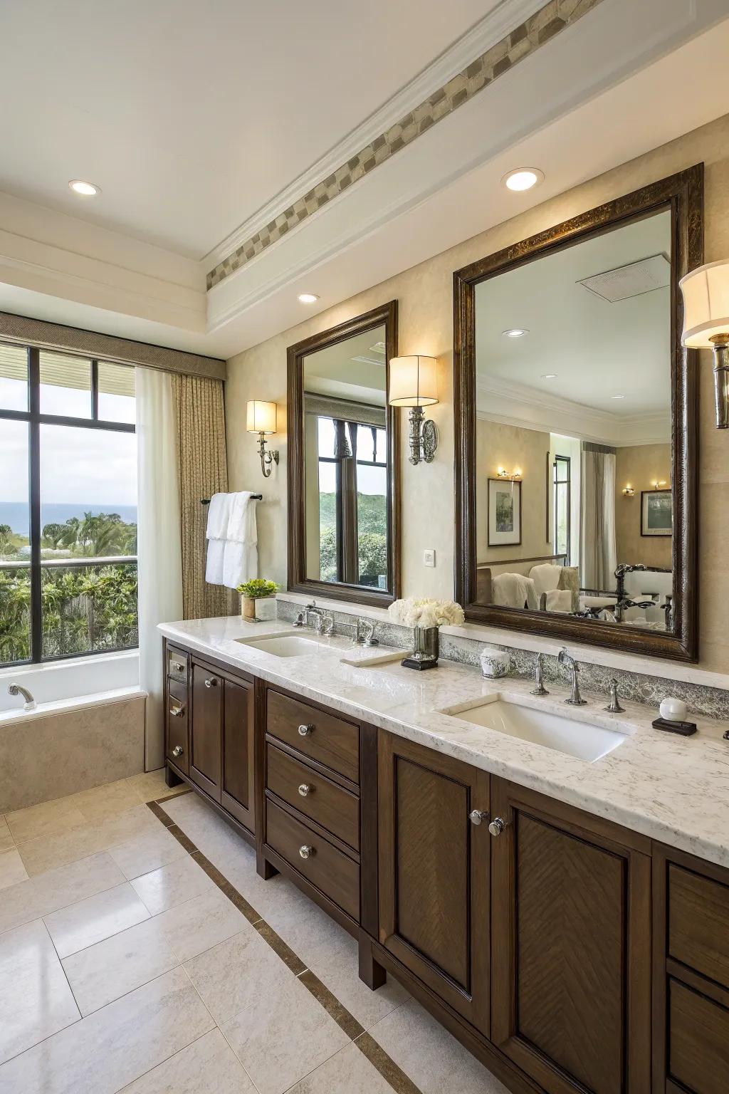Dual sinks offer convenience and style inside shared bathrooms.