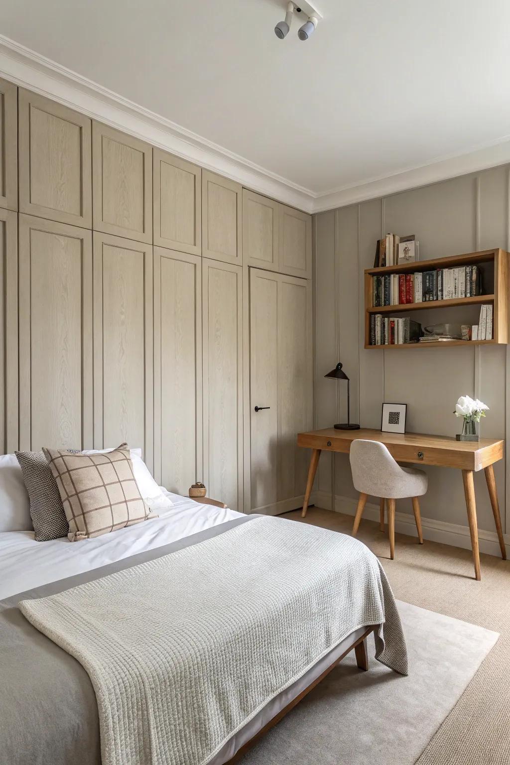 Minimalist paneling with clean lines fosters a serene atmosphere.