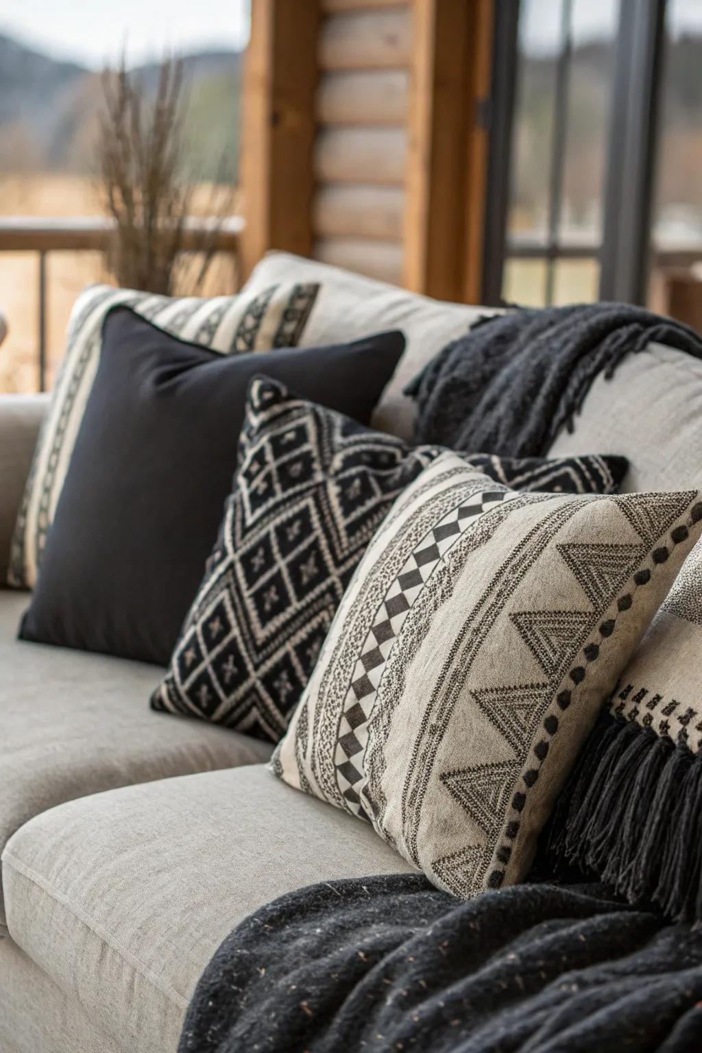 Jet and ash throw cushions enrich the sofa with texture and comfort.