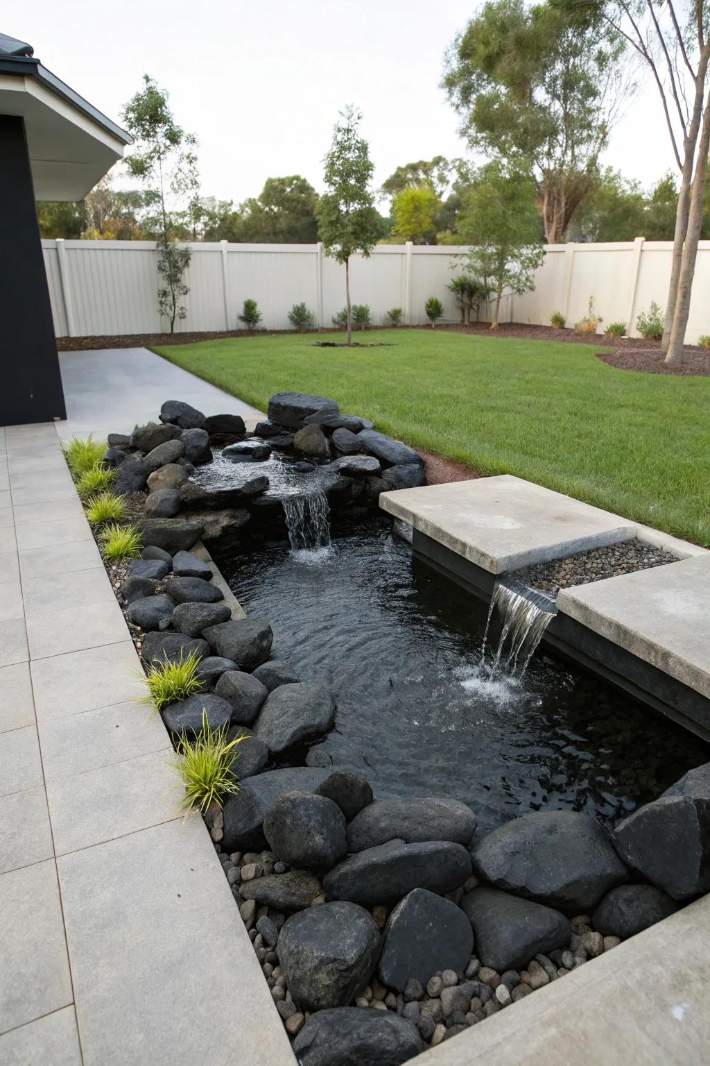 Dark stones add serenity to a water feature.