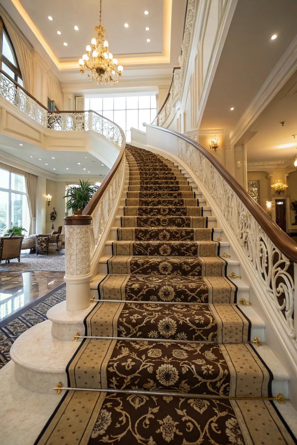 An elegant staircase showcases a stylishly patterned carpet runner.