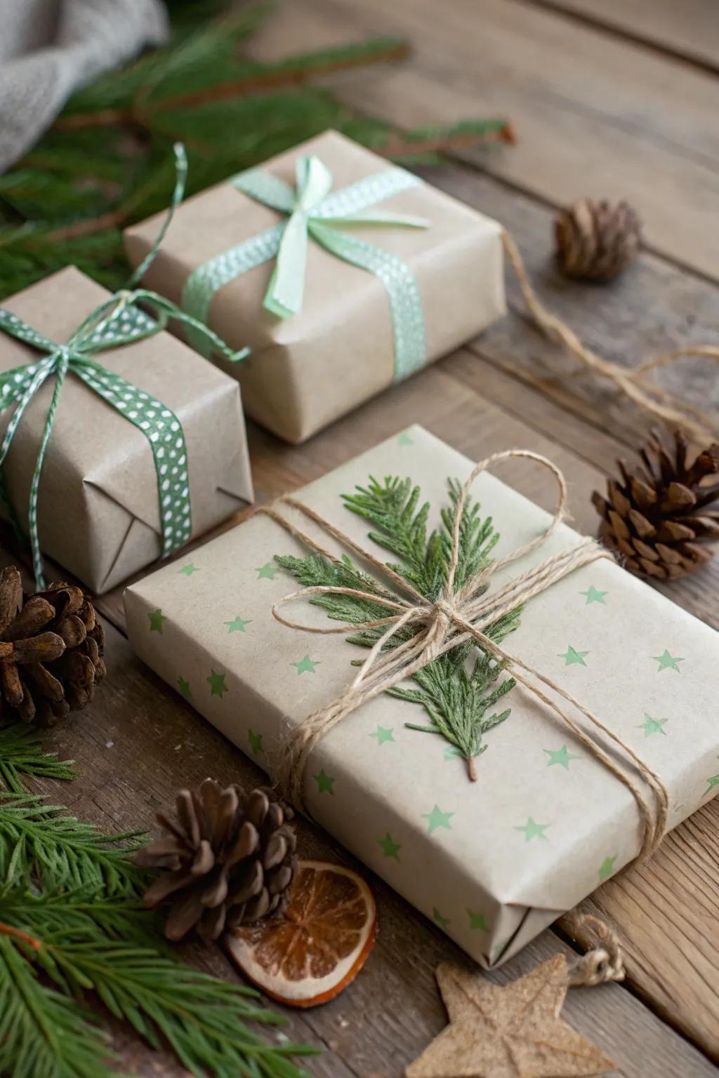 Gifts wrapped in earthy tones, crafting a tranquil and natural holiday aesthetic.
