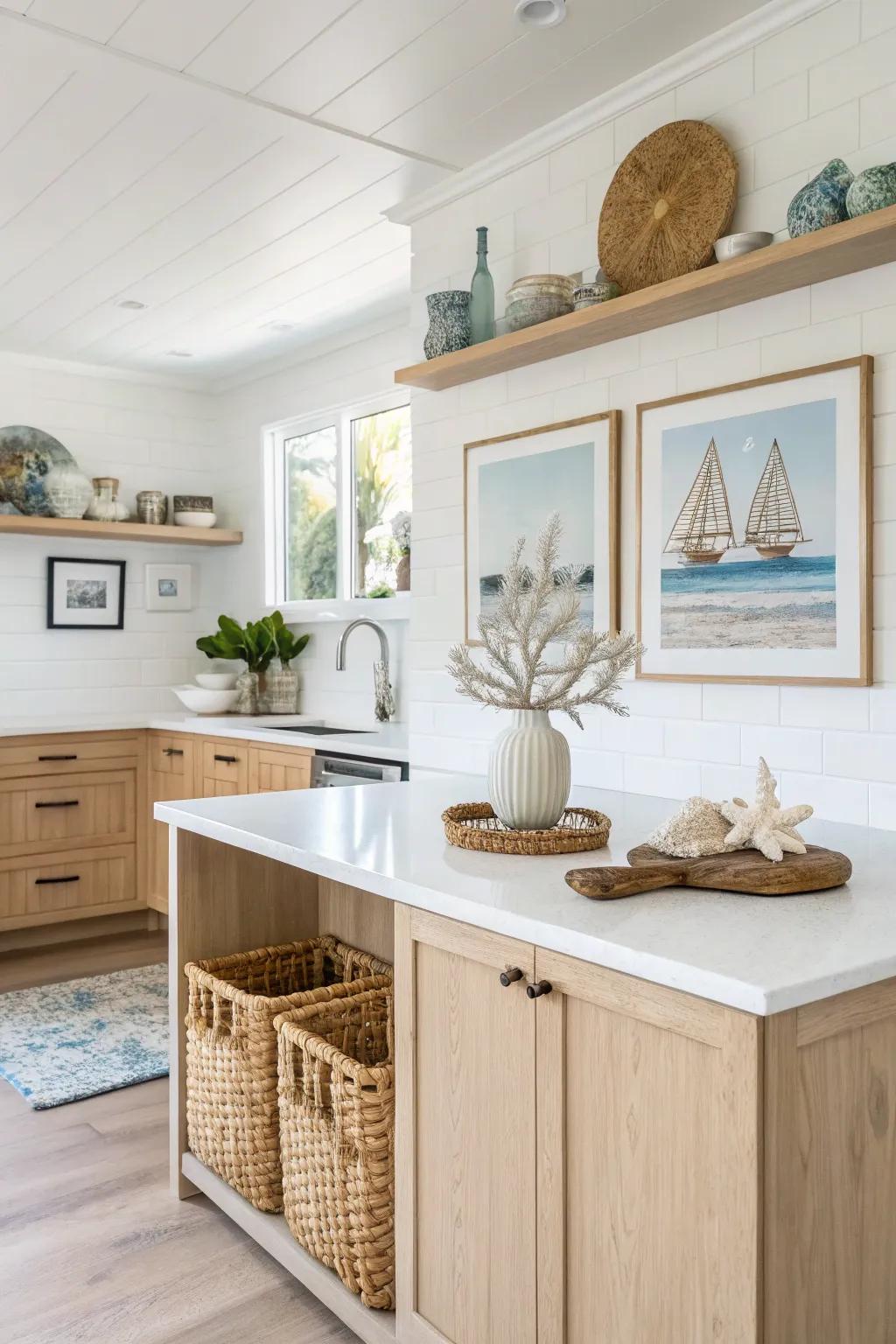 Minimal decorations highlight the coastal theme within this kitchen.