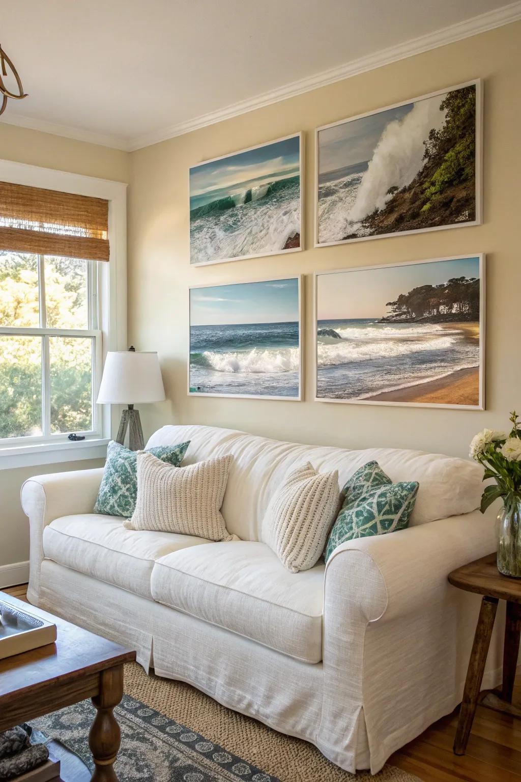 Coastal artwork enhances the thematic decor.