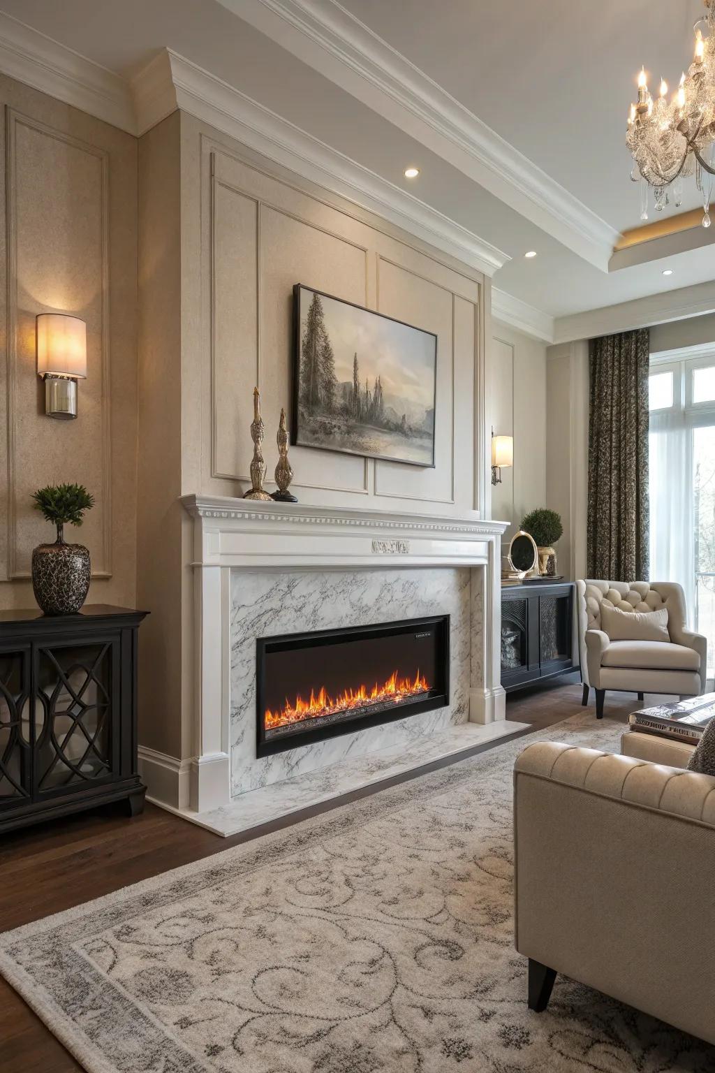 A built-in electric fireplace harmoniously integrated into a sophisticated living room.