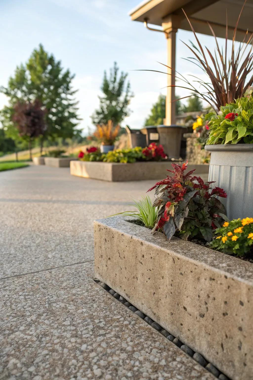 Built-in planters bring vitality to an aggregate patio.