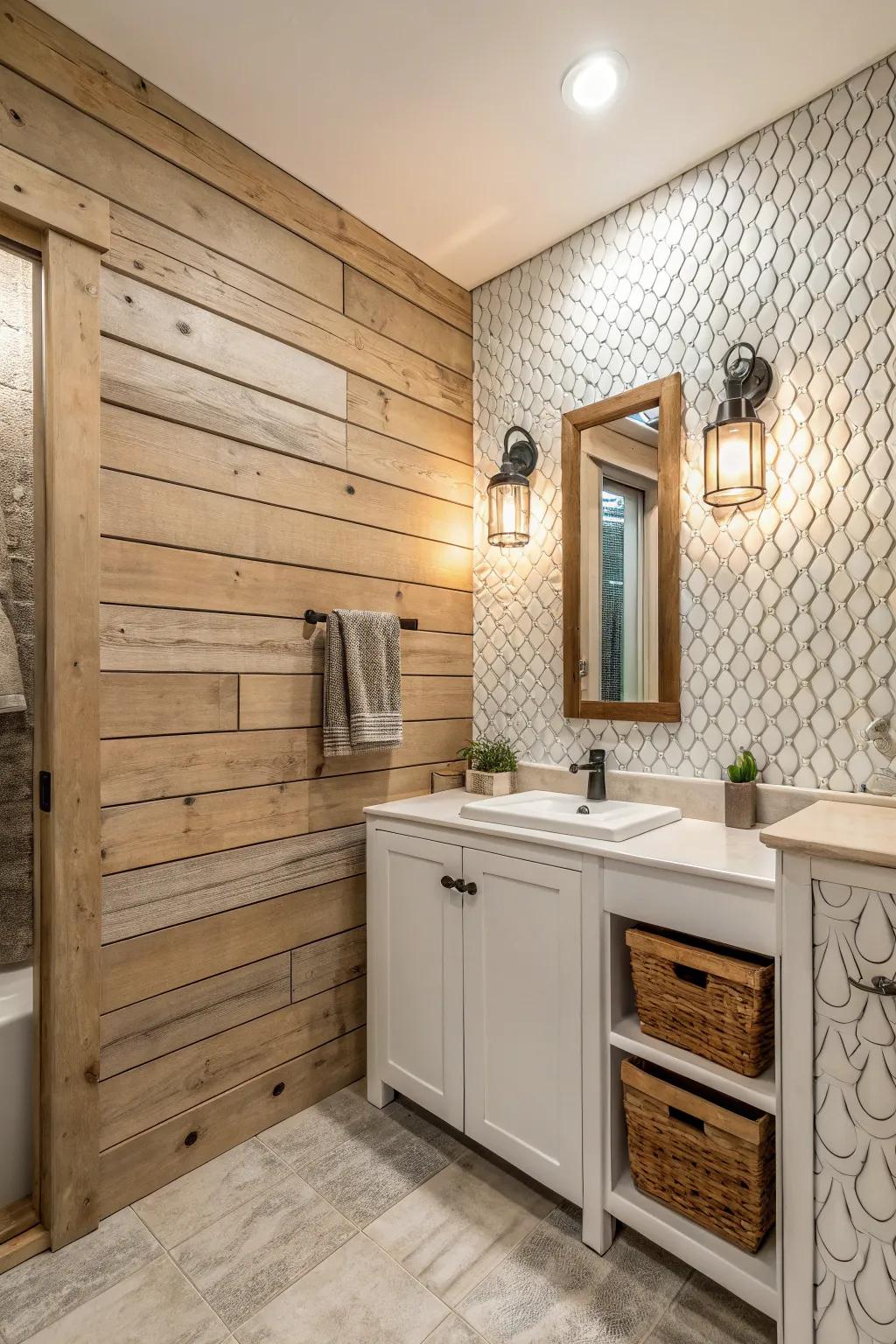 Textured surfaces bring dimension and intrigue to this country-style bathroom.