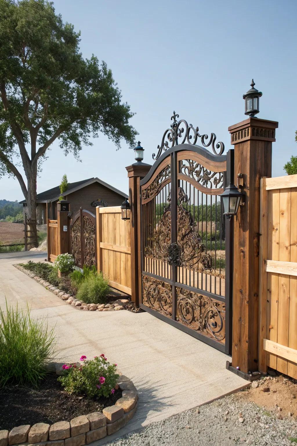 An attractive portal serves as a fashionable focal point in this modern farmhouse fence.