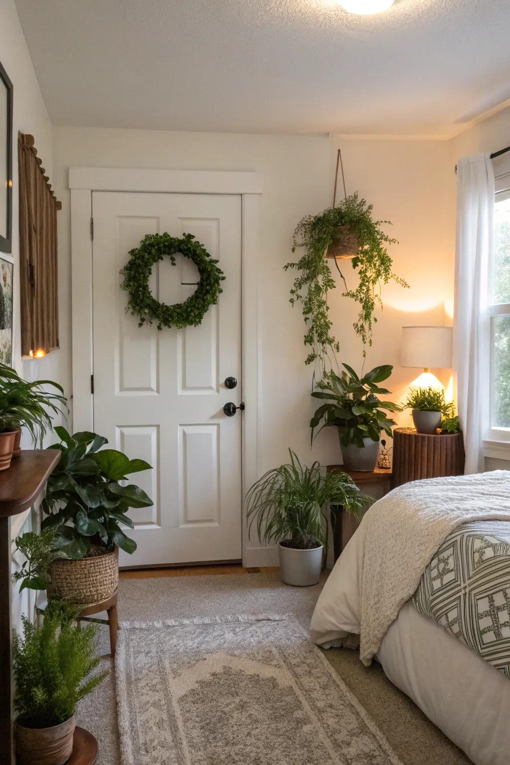 Plants add a fresh and natural touch to this guest bedroom.