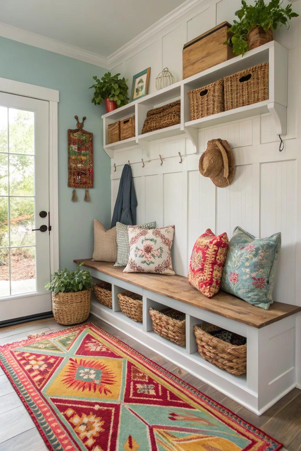 Cozy mudroom featuring ornamental pillows and elegant rugs.