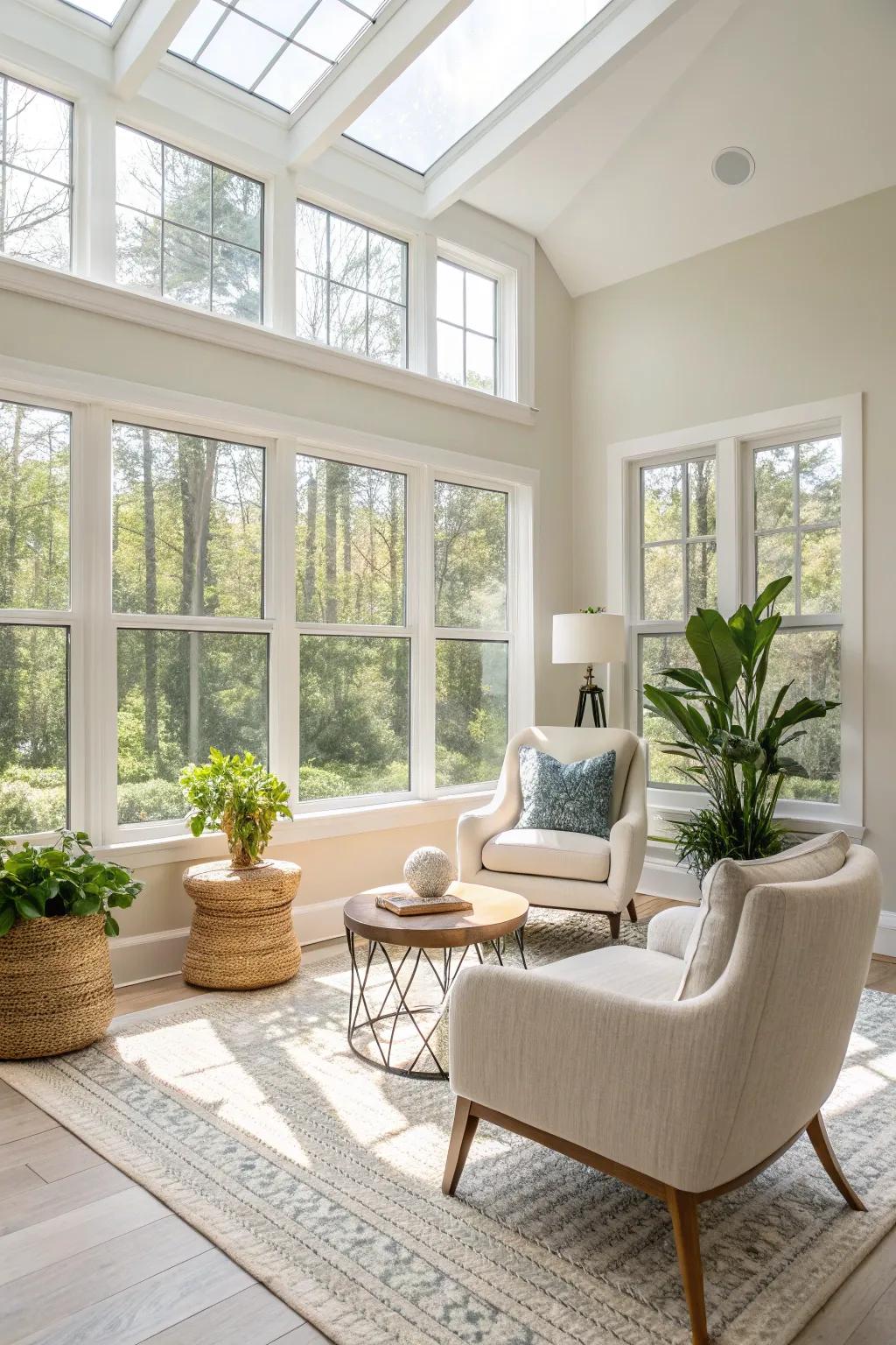 A bright, open flex room design that feels expansive.