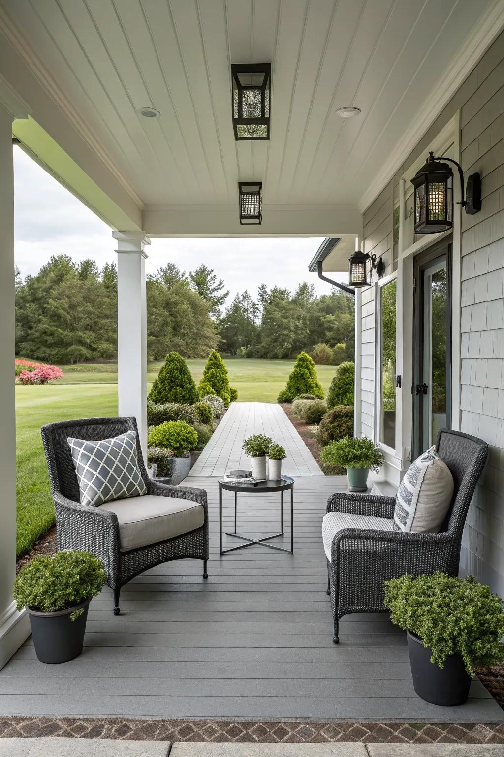 Symmetry in design creates a harmonious contemporary porch.