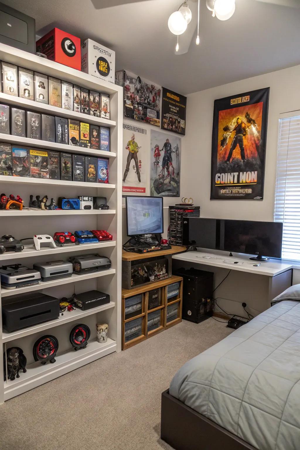Custom shelving in a gaming room, showcasing personal collections.