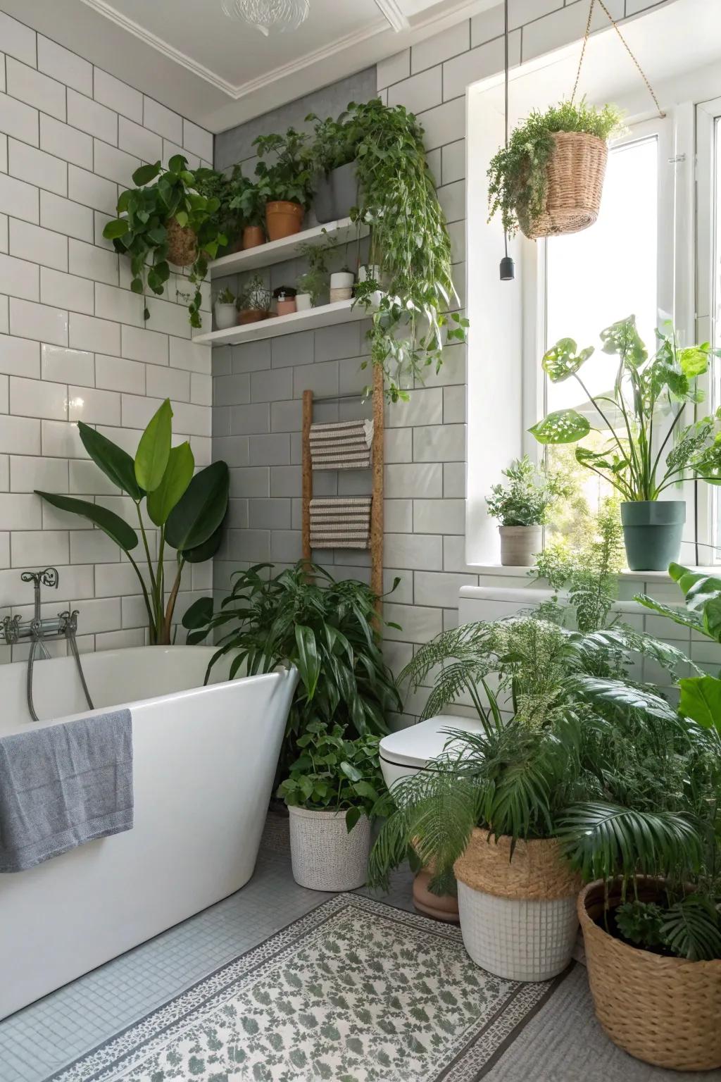 Greenery adds a touch of nature and vibrancy to the bathroom.