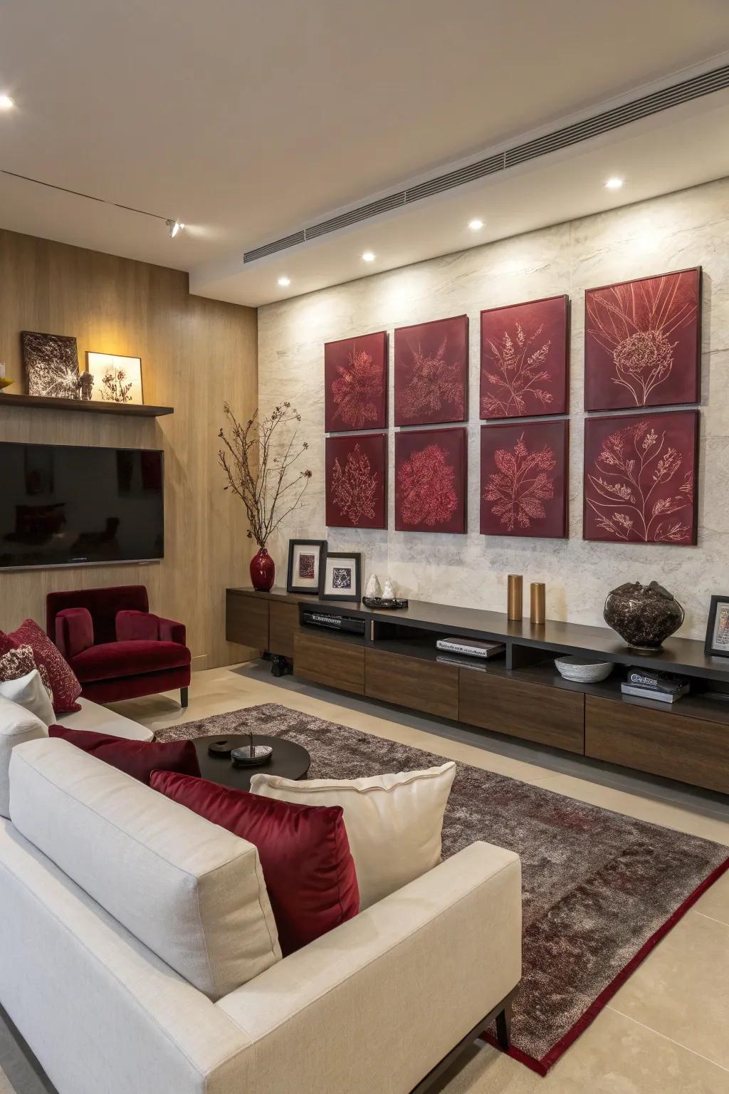Living area featuring artwork inspired by crimson hues and up-to-date decor.