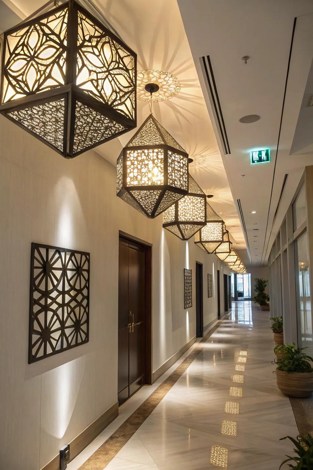 Geometric light fixtures bring an unexpected twist to hallway design.