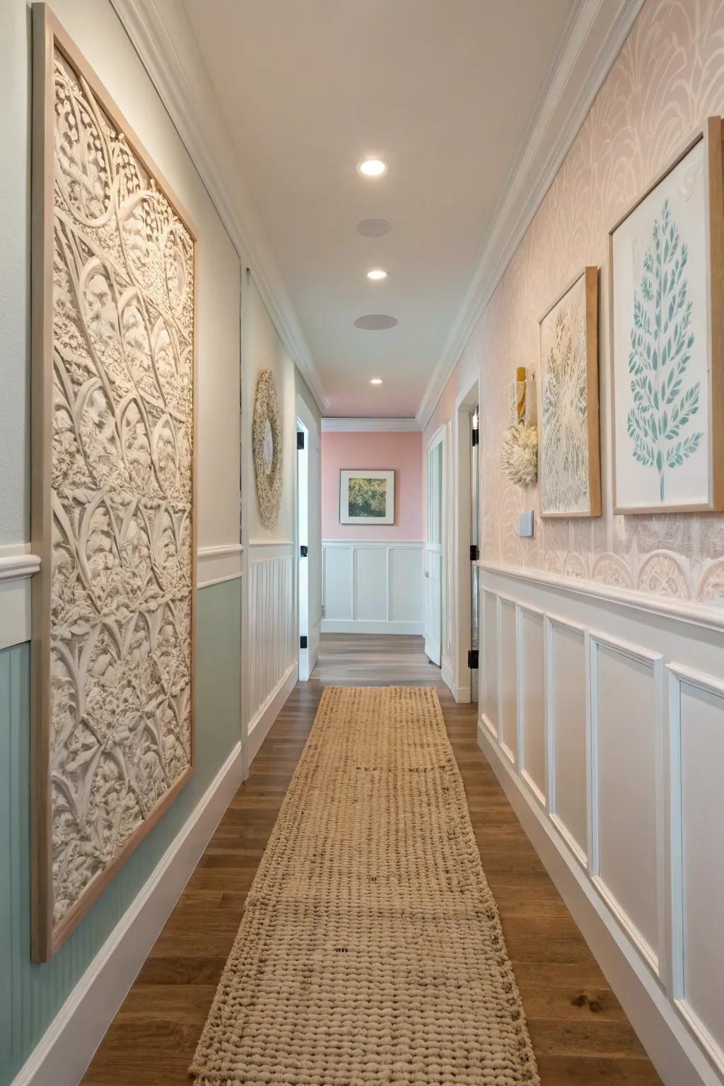 Textured elements add depth and interest to the hallway.