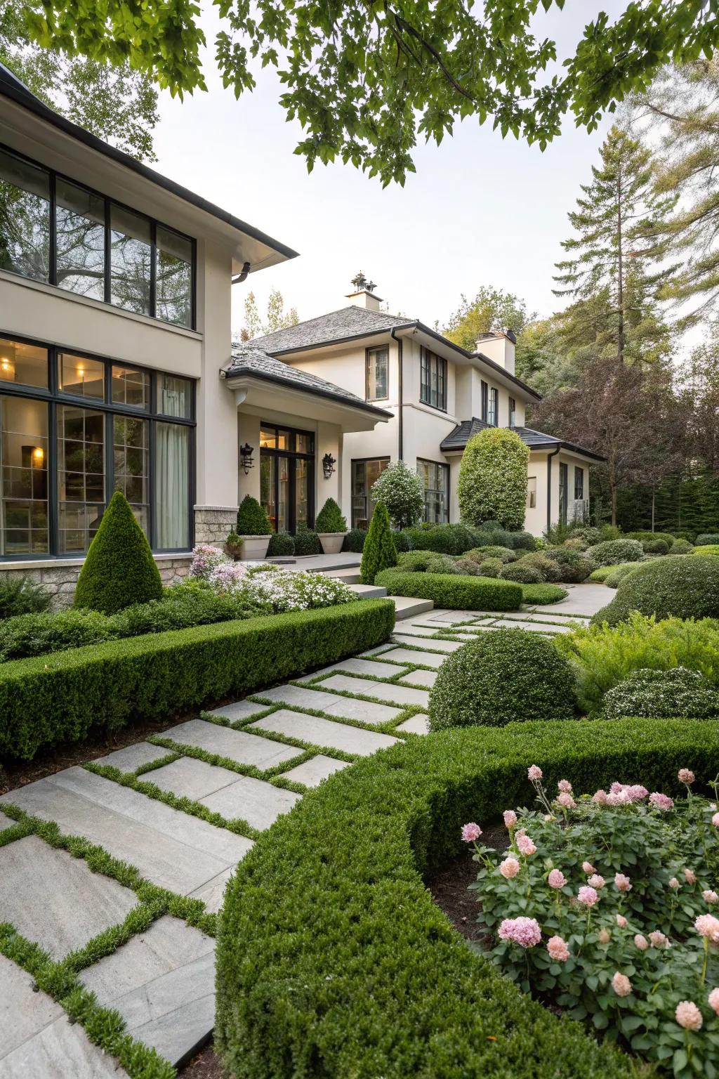 A lush garden that beautifully complements the contemporary architecture.