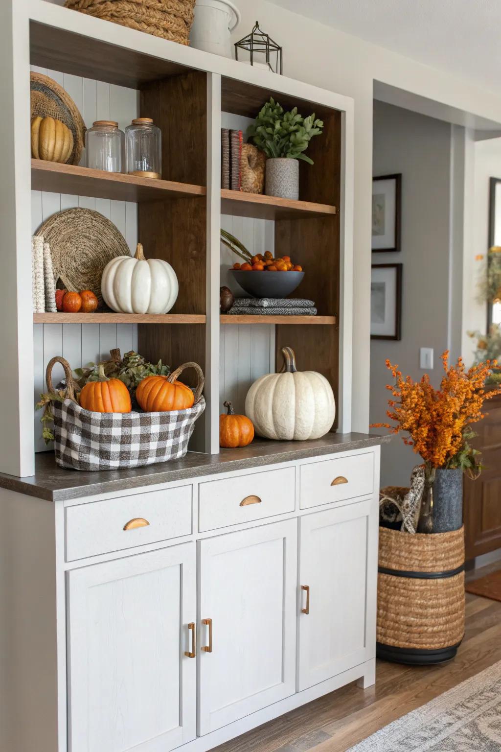 Themed ornaments keep the hutch current and reflective of the time of year.