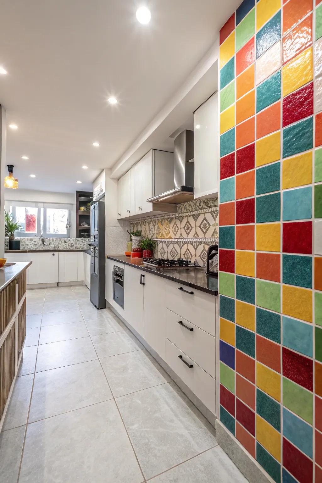 Feature walls create an eye-catching detail using distinctive tile designs.