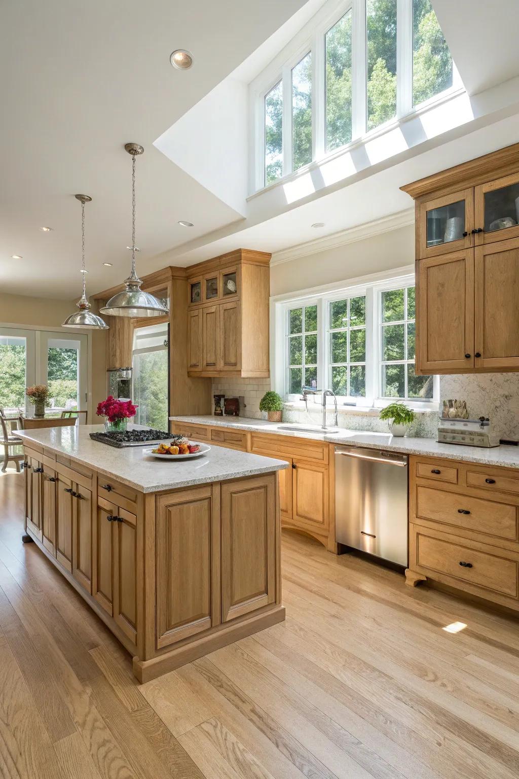 Light flooring enhances the all-natural beauty of oak cabinets in a contemporary kitchen.