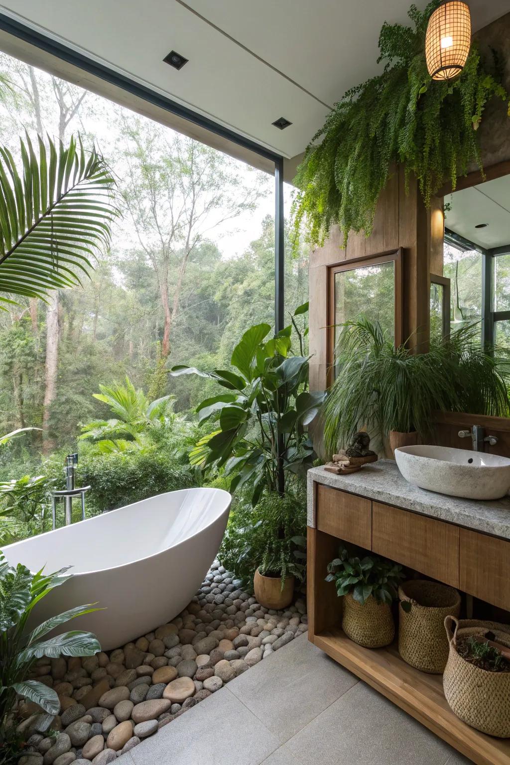 Greenery adds a refreshing touch to this spacious bathroom.