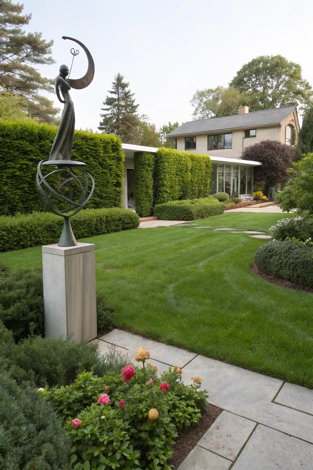 A front yard showcasing a modern sculpture that enhances its visual charm.