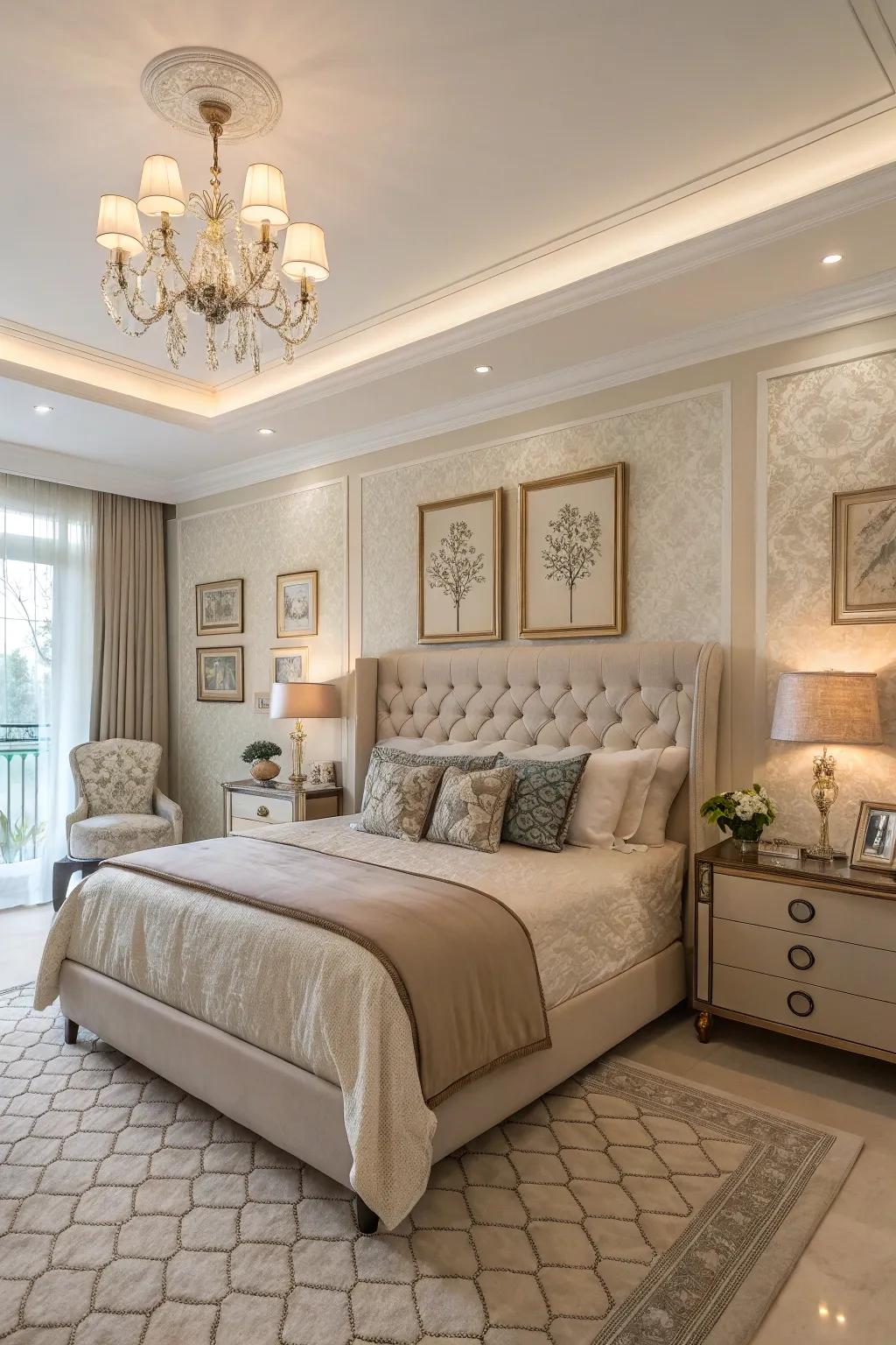 Subtle wall decor adds understated elegance to this bedroom.