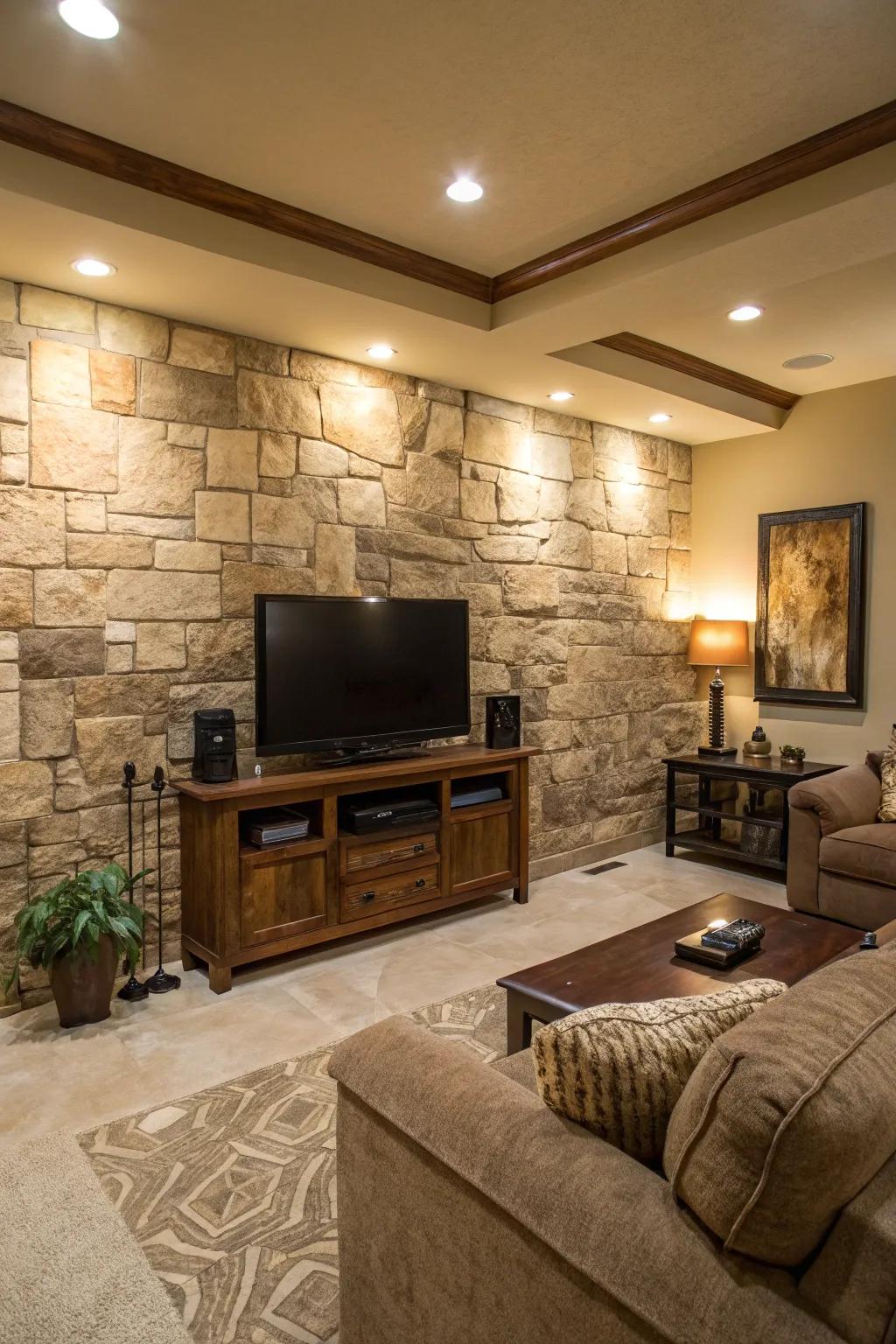 A textural stone setting introduces depth and visual appeal to a media wall.
