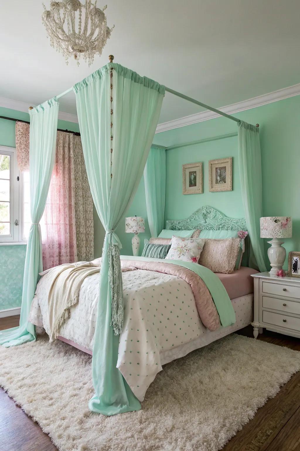 A textured and inviting mint green bedroom.