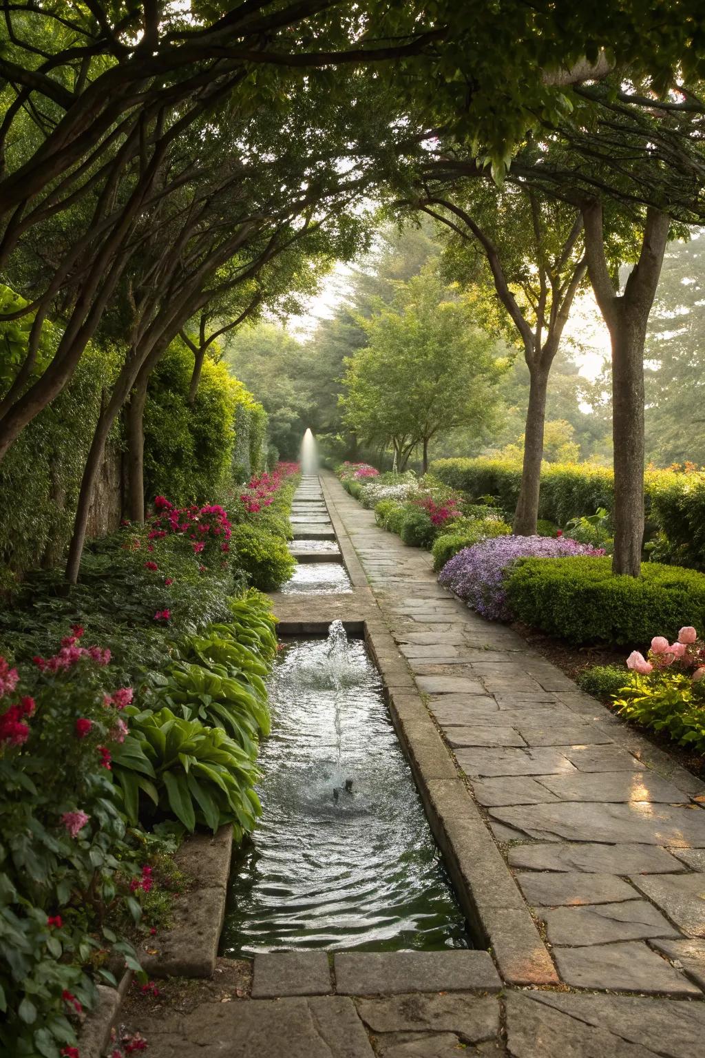 A garden path accompanied by a calming water feature for added serenity.