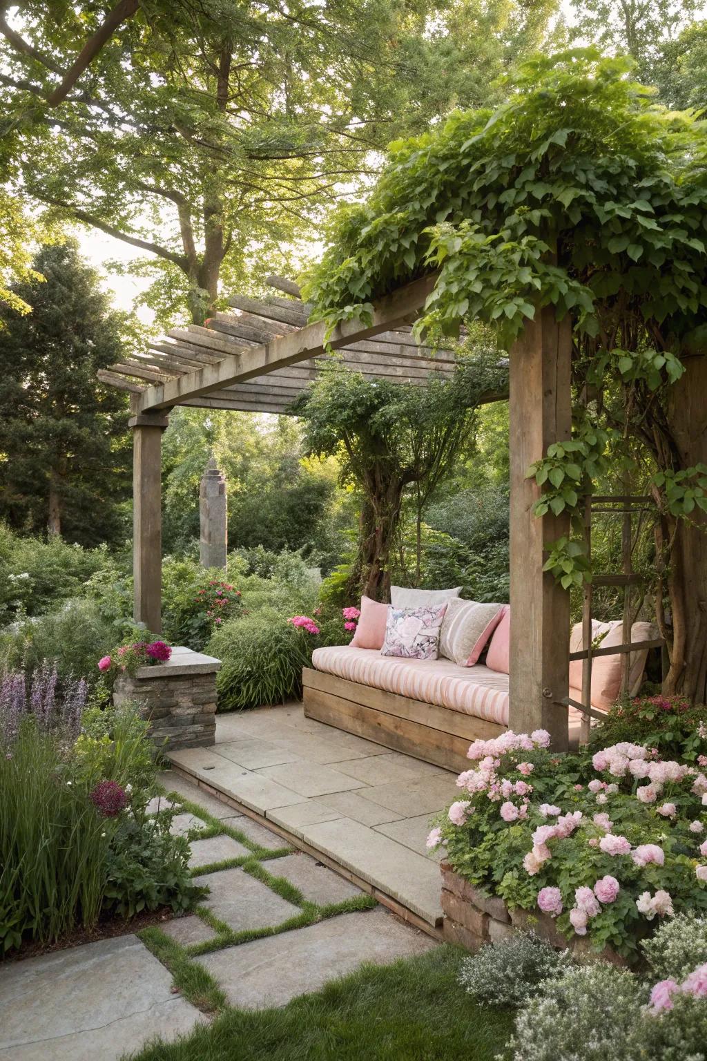 Built-in seating turns your pergola into a cozy retreat.