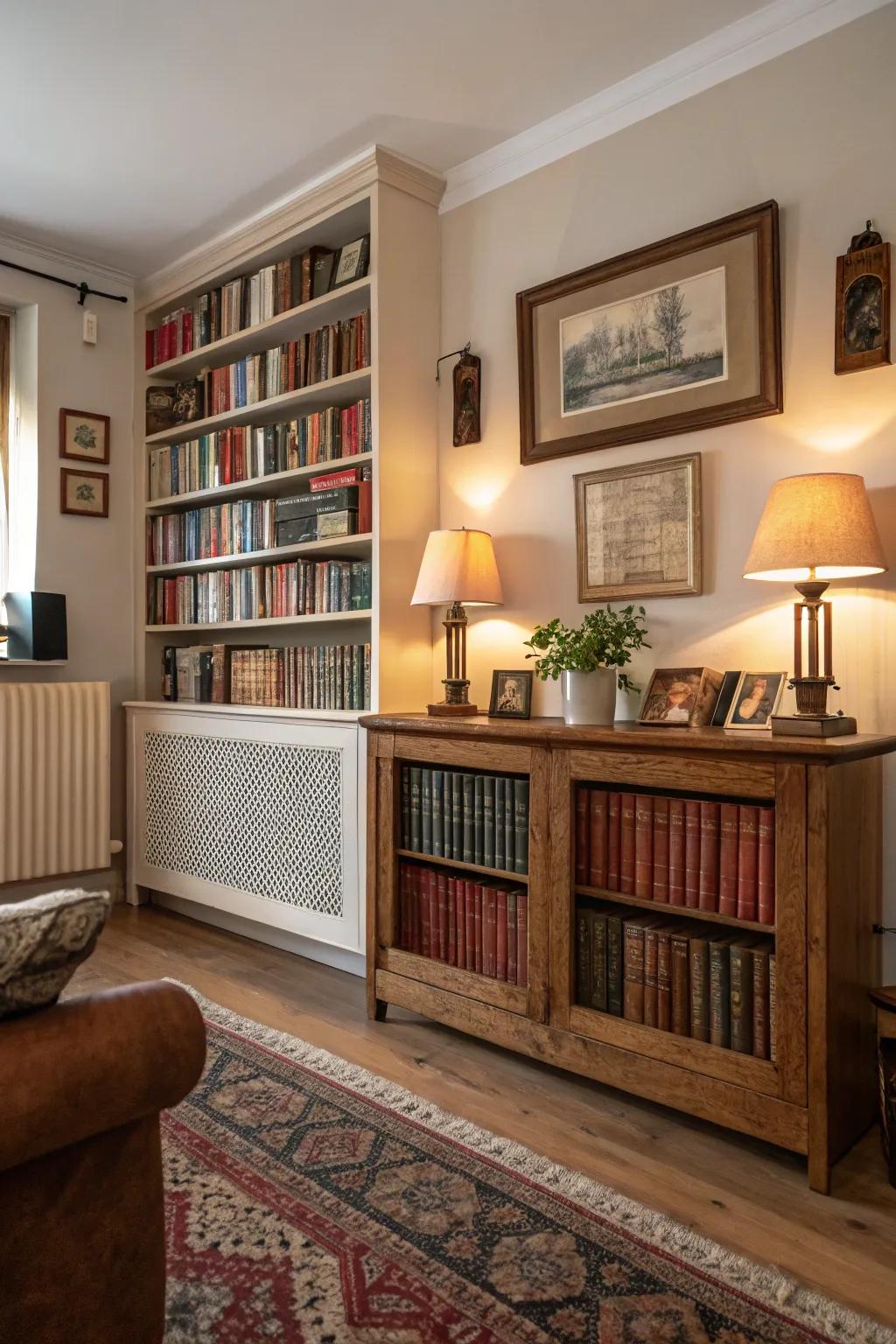 A radiator cover with integrated bookshelves.