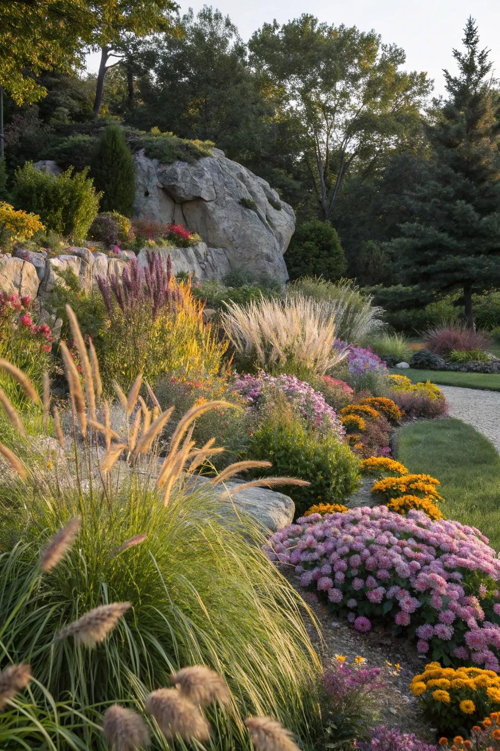 A variety of plants adds vibrancy and vitality to your mineral garden.