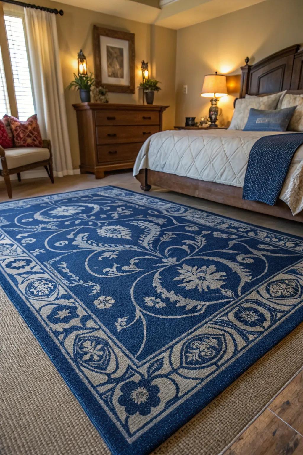 A patterned rug contributes texture and reinforces the indigo theme.