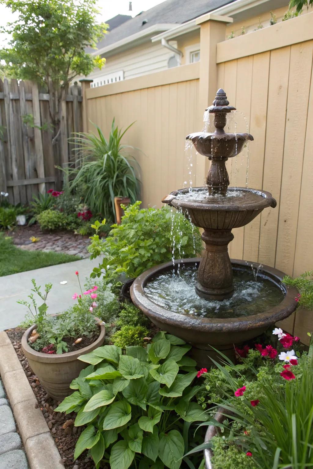 A small water feature enhances the backyard's tranquility.