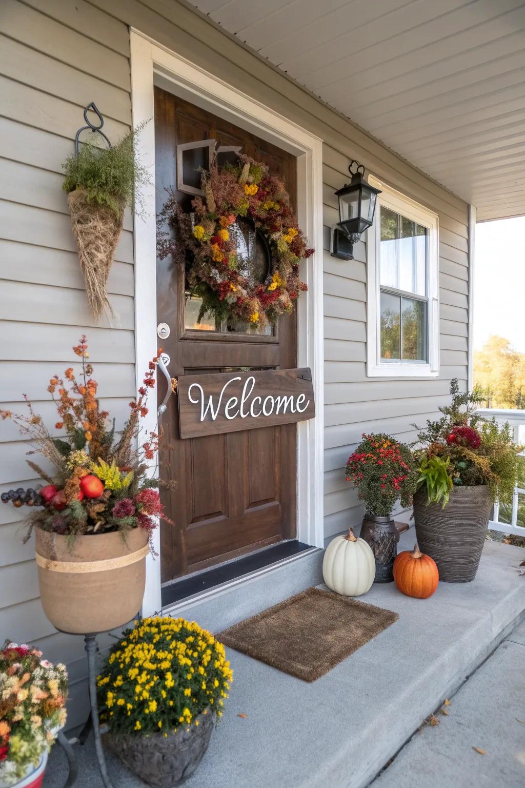 A petite front porch ornamented with seasonal decor for a welcoming ambiance.