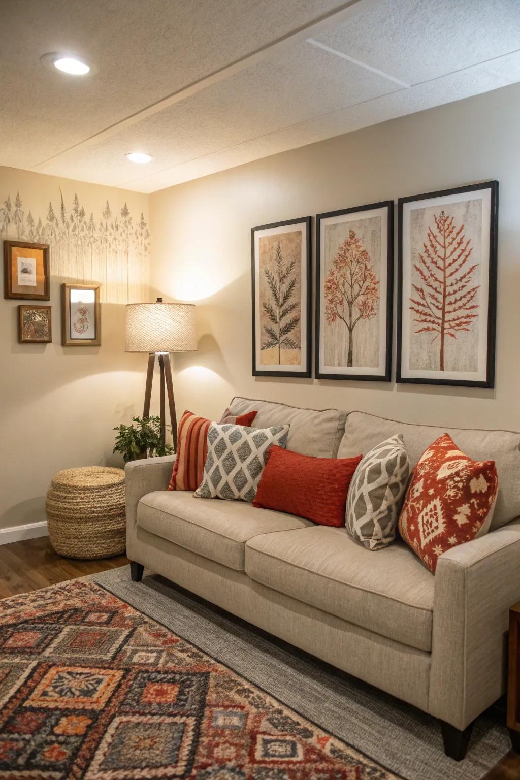 A feature wall along with striking artwork featured in a compact living space.