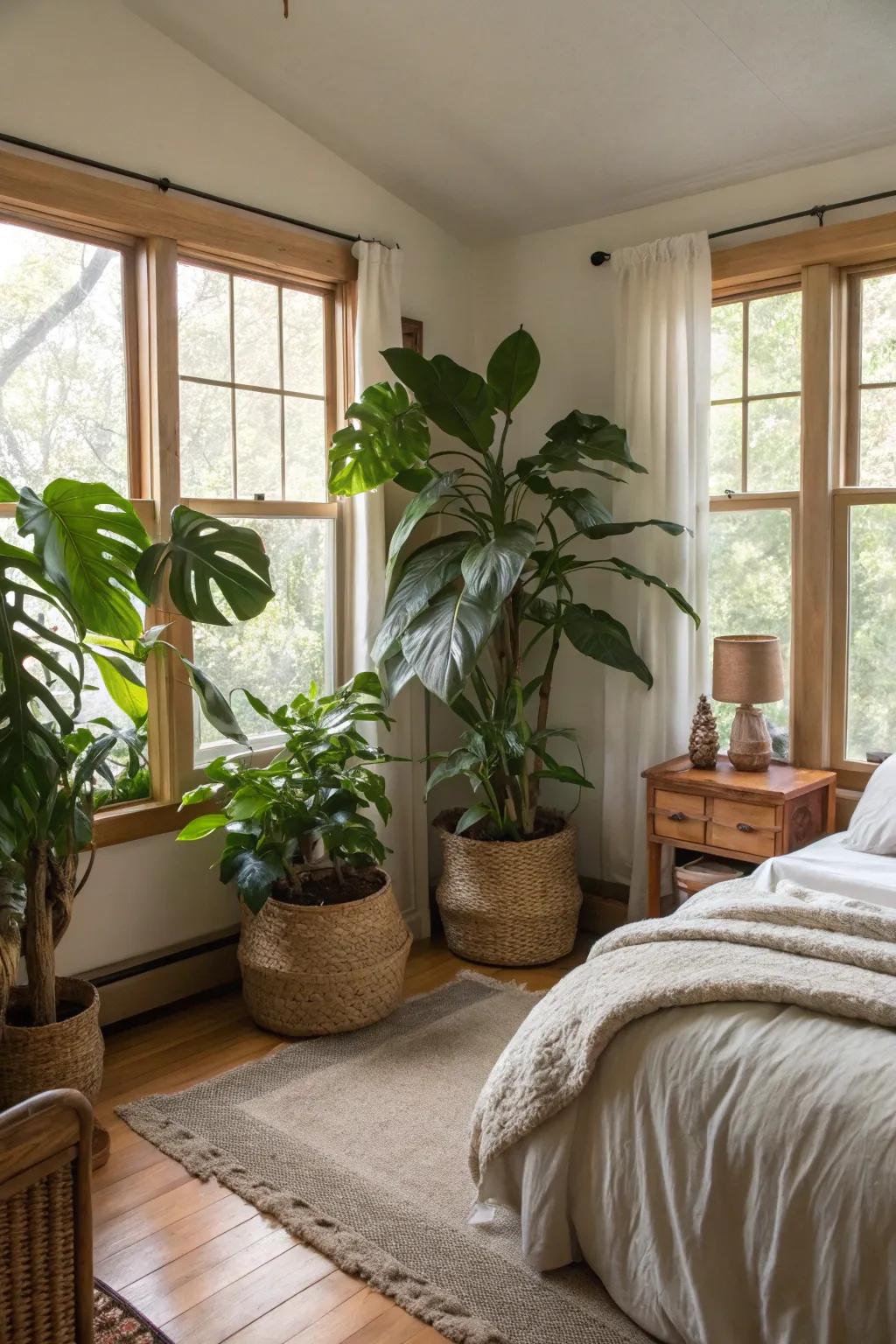 Large potted greens introduce nature and vibrancy to a modern Spanish bedroom.